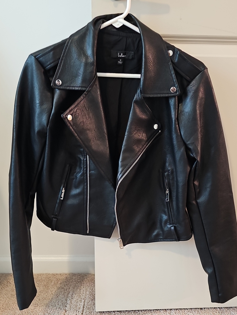 Lulu's Black Faux Leather Moto Jacket with Silver Hardware